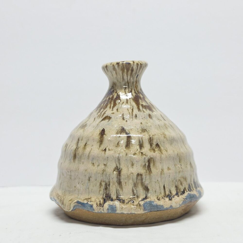 Vintage 80s Signed COX POTTERY Vase Narrow Neck Glazed Beige Brown Blue